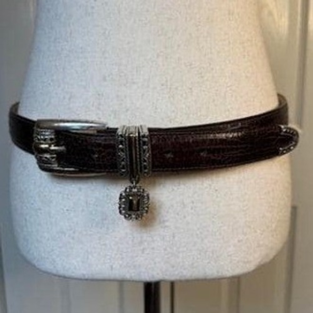 Brighton Brown Crocodile Embossed Leather Belt Silver Gold Ornate XL 36